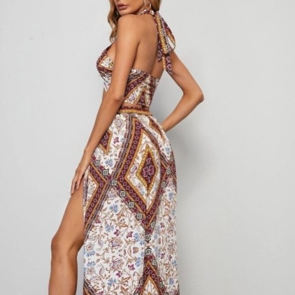 Boho Floral Scarf Crisscross Crop Halter Top & M-slit Thigh Skirt Set - Picture 3 of 4